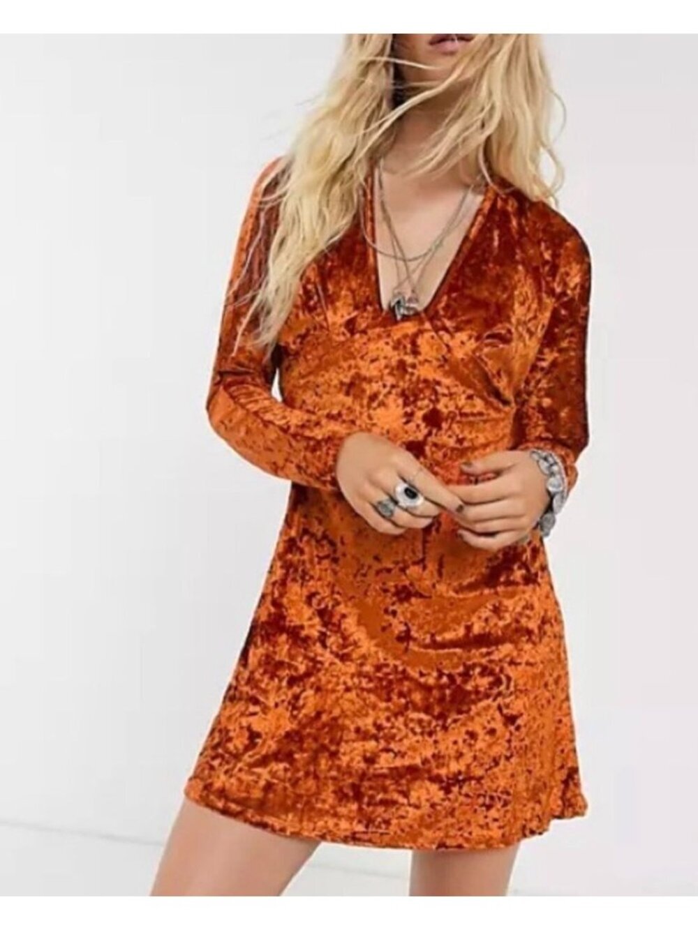 ASOS Rust Orange Crushed Velvet Mini Dress Long Sleeve Fit & Flare US 4